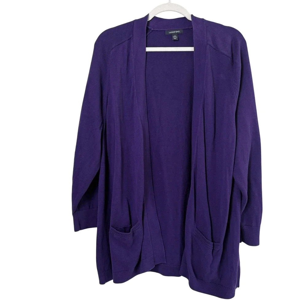 Lands' End Open Front Cardigan Women 2X 20W 22W Purple Cotton Knit Pockets